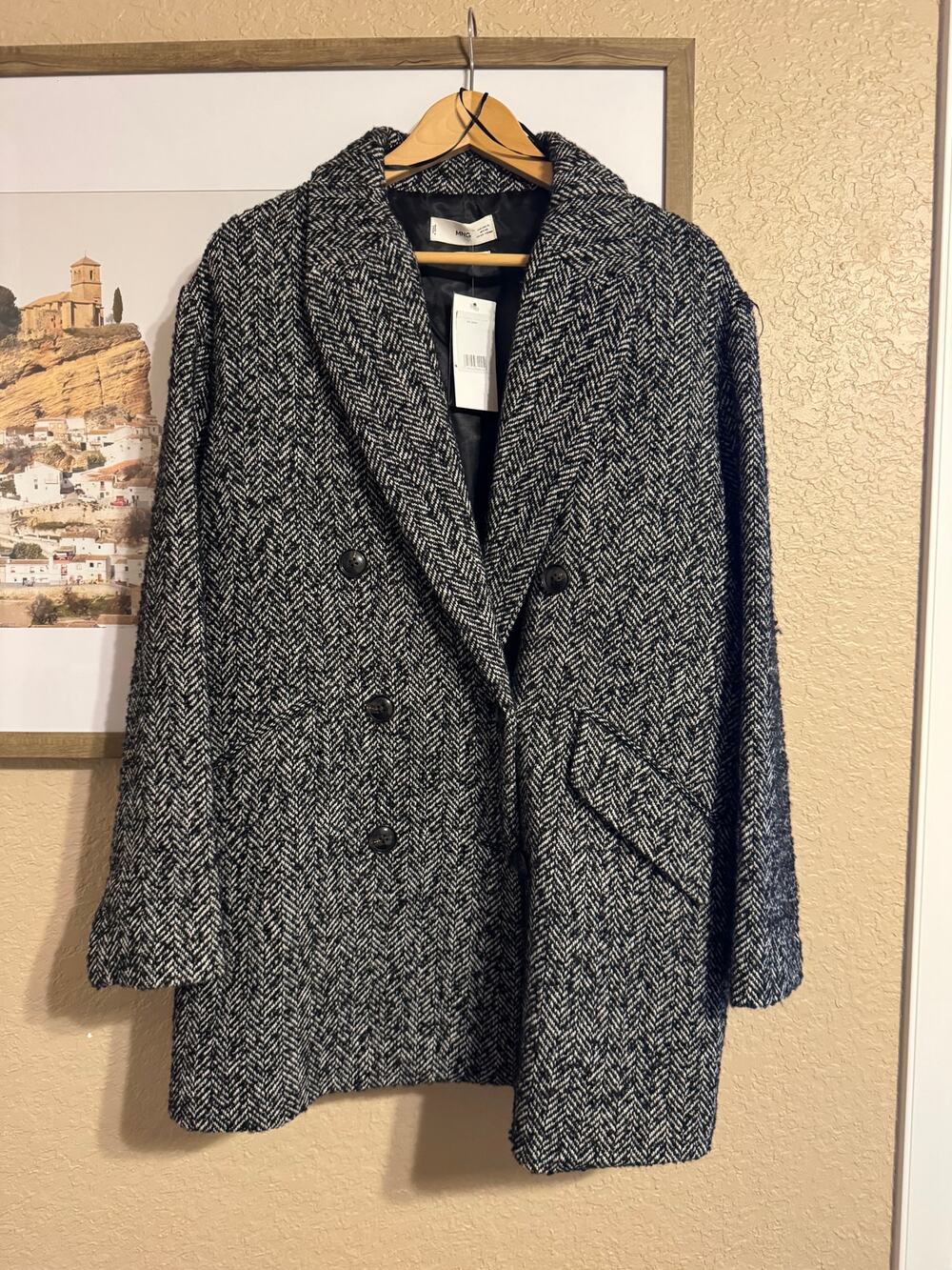 NWT Mango MNG Darwin Herringbone Tweed Double Breasted Coat Jacket Women's XL